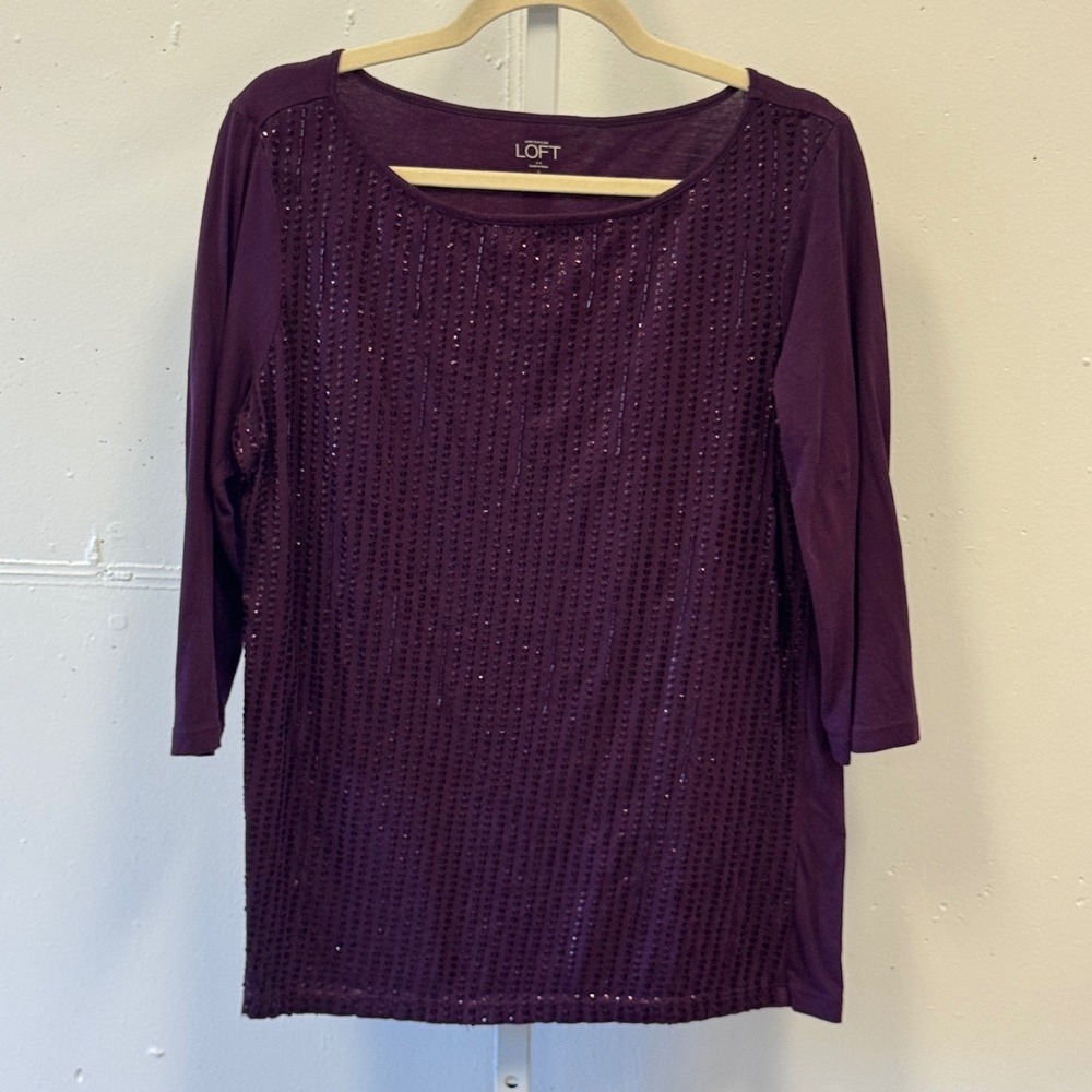 Ann Taylor LOFT Plum Purple Sequin Front 3/4 Sleeve Cotton Top Large Large